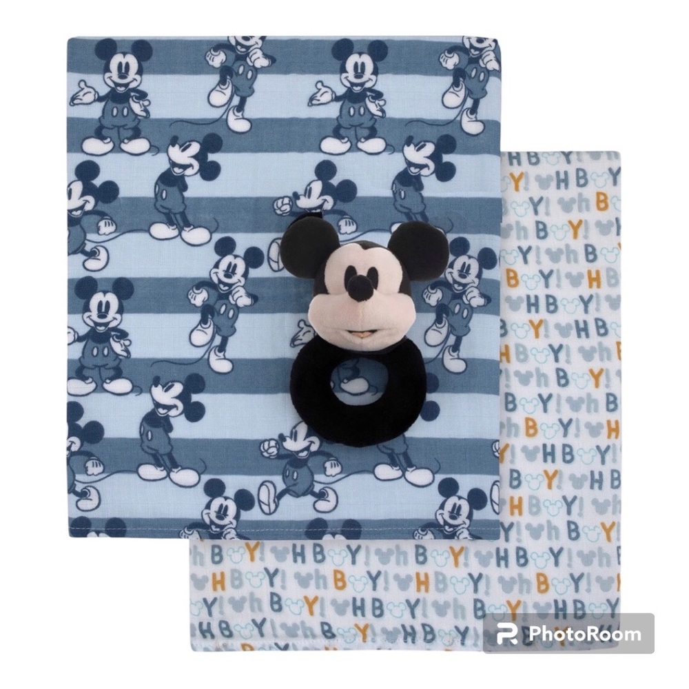 NEW DISNEY MICKEY MOUSE 2-Piece Muslin Swaddles & 1 Ring Rattle UNISEX